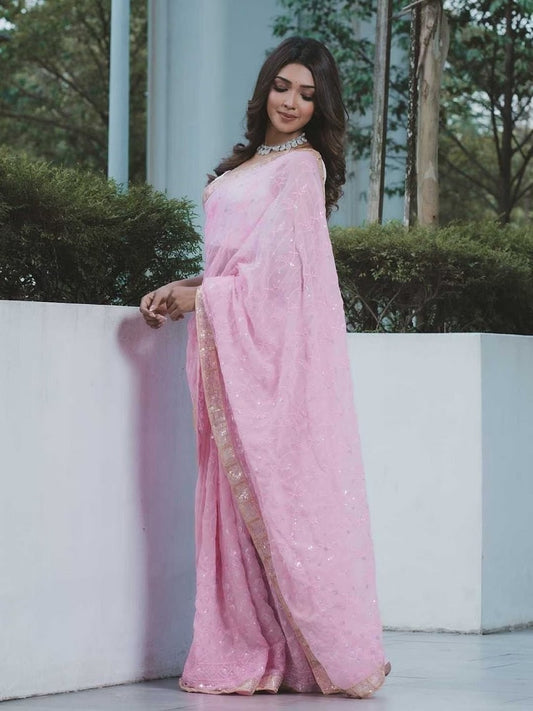 Pink Georgette Embroidery Sequence Work Saree