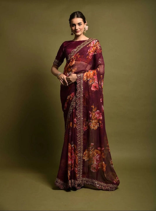 Maroon Soft Chiffon Printed Saree