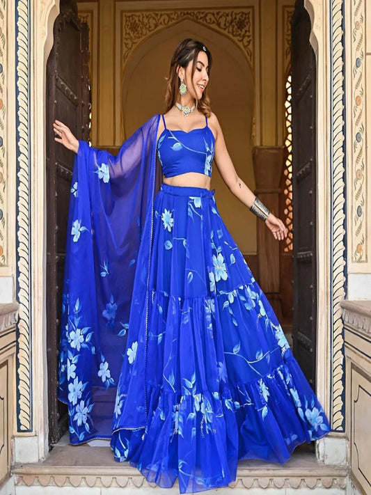 Printed Georgette Stitched Lehenga With Unstitched Crop Top For Women LG