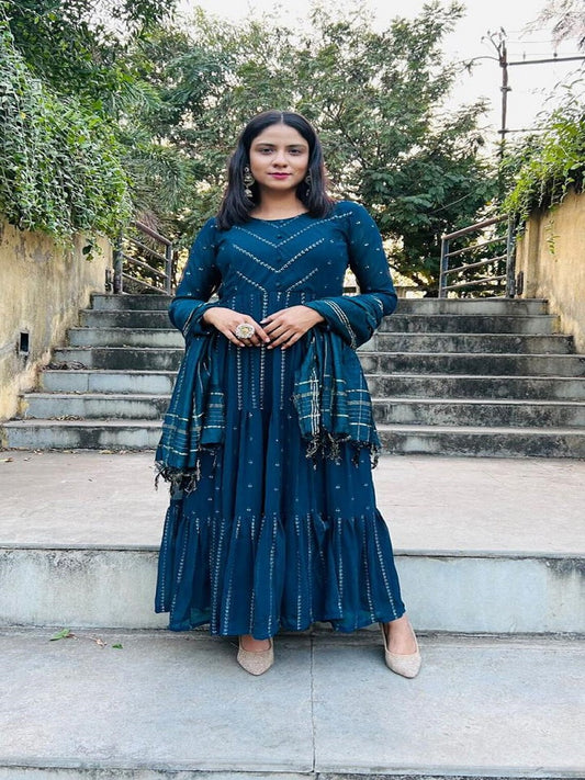 Women Georgette Stitched Gown Kurti With Attached Dupatta 13-SR2