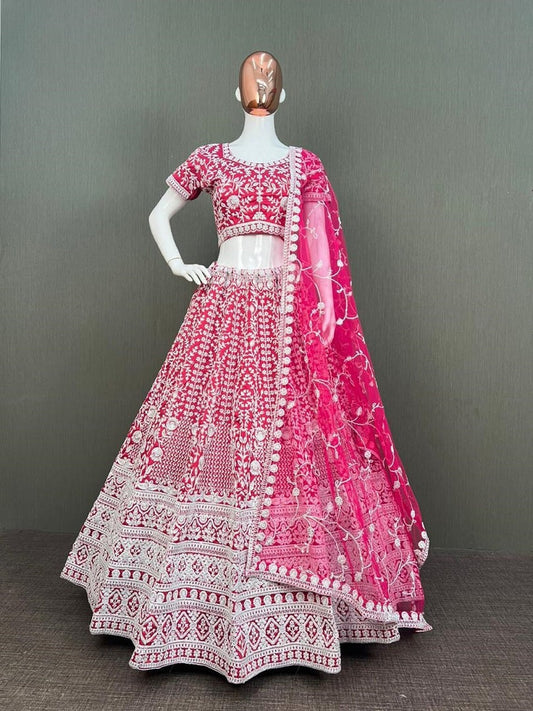 Women Pink Semi Stitched Tafeta Silk Lehenga Choli Wedding Bridal Lengha LG