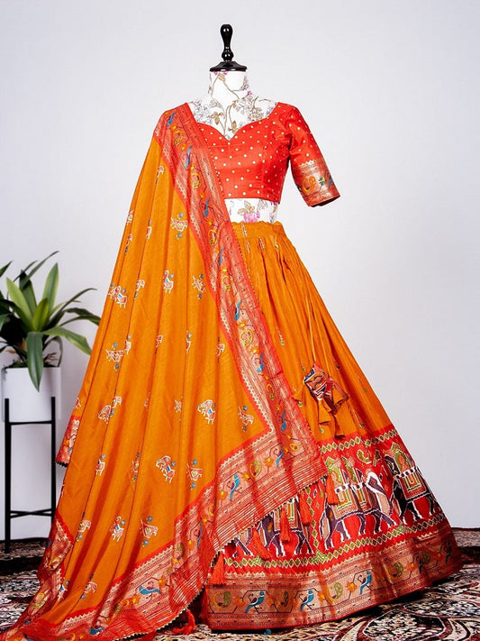 Women's Orange Dola Silk Full Stitched Lehenga With Unstitched Choli Bridal Wedding Lengha KY