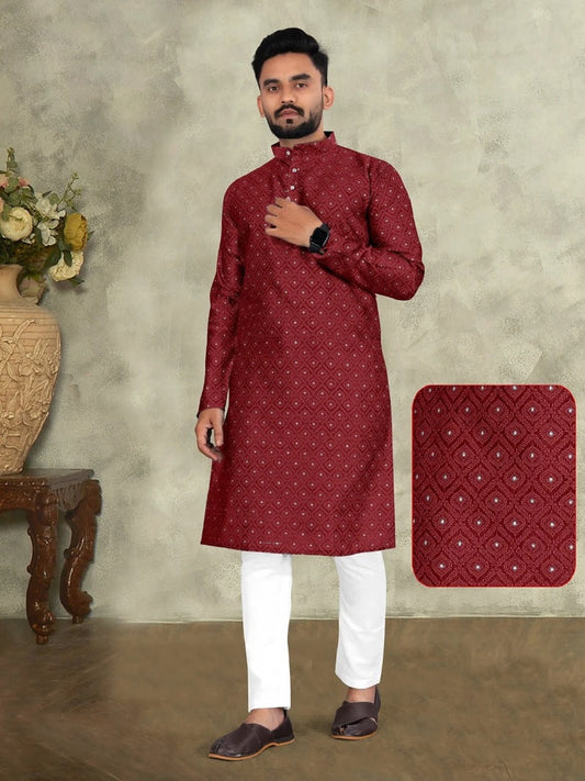 Men Grey Silk Jacquard Kurta With Cotton Pyjama Set Readymade Kurtas 16-SS11