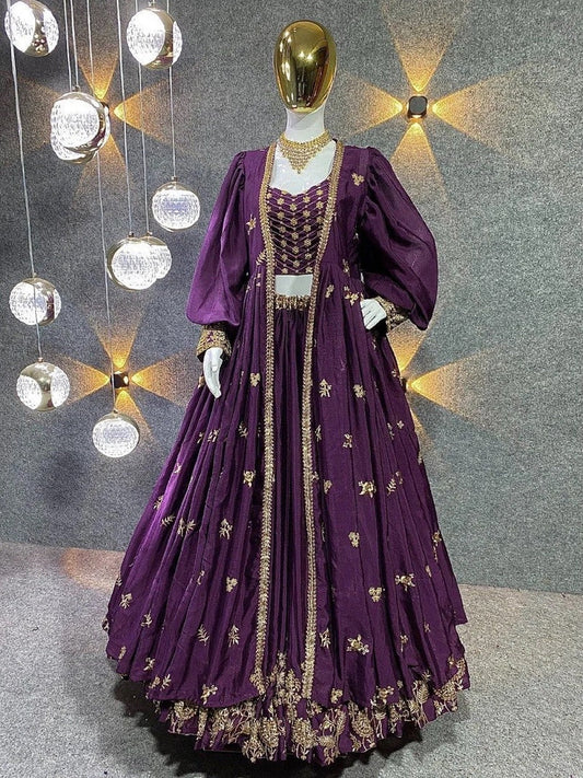 Eggplant Chinon Sequence Embroidered Lehenga Choli With Koti Set