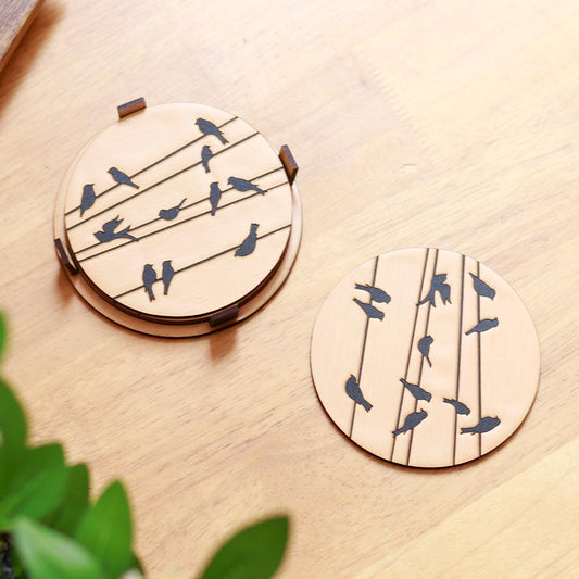 Round Coasters With Birds Design Engraved | Set Of 4