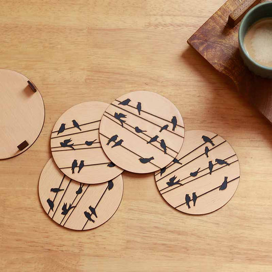 Round Coasters With Birds Design Engraved | Set Of 4