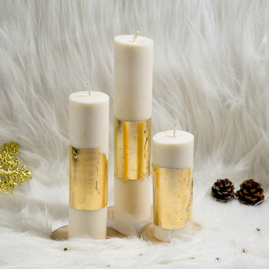 Peace White Gold Pillar Candles | Cinnamon Roll Scented | Set of 3