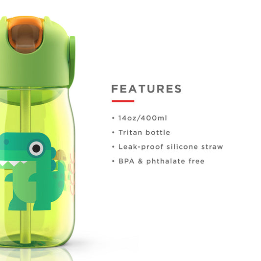 Green Kids Flip Straw Bottle with Straw & Carrying Cord | 415ml