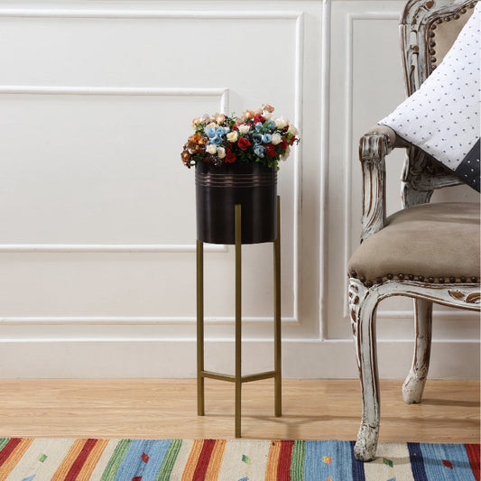 Metal Planter With Wooden Stand Antique Gold Black Planter| Small, Medium