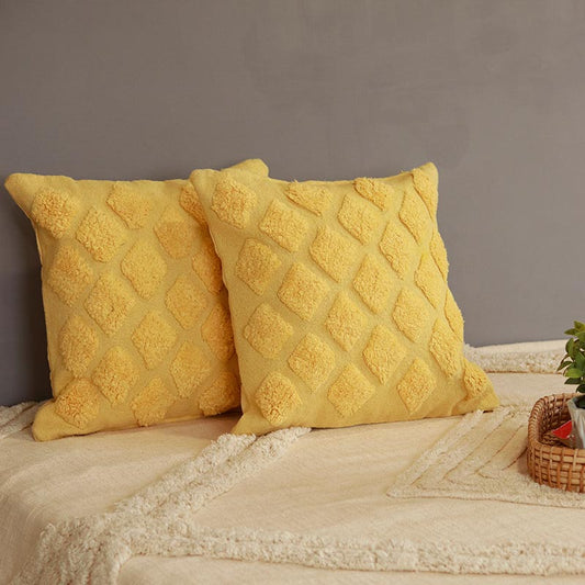 Yellow Small Diamonds Barfi Tufted Cushion Cover | 16 x 16 Inches | Set of 2