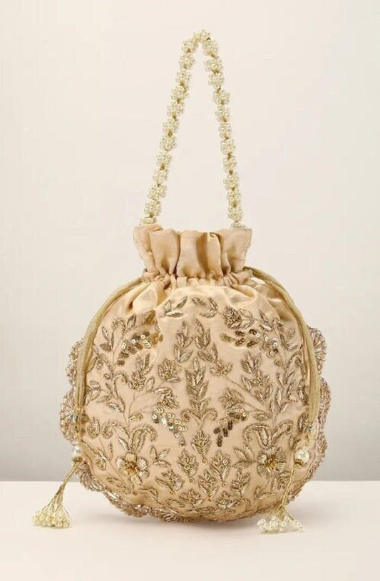 Beige Potli In Satin Silk Embroidery Work Floral Design Potli Purse Handbag Bridesmaid Gifts
KFP-1