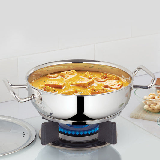 Borosil Cookfresh SS Flat Kadhai + Lid