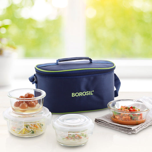 Borosil Blue Glass Lunchbox, Round x 4