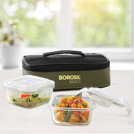 Borosil Basics Glass Lunchbox, Square x 2 (Flat Bag)