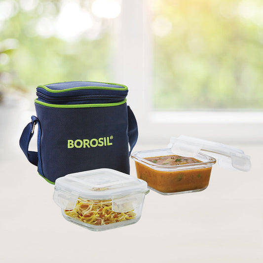 Borosil Blue Glass Lunchbox, Square x 2 (Tall)