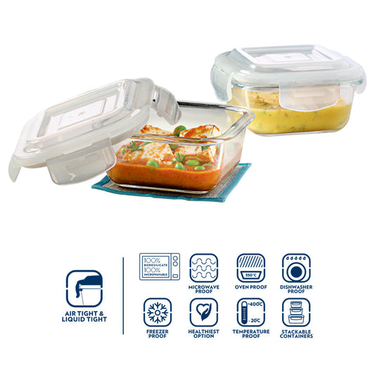 Borosil Blue Glass Lunchbox, Square x 2 (Tall)