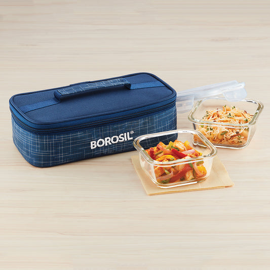 Borosil Indigo Glass Lunchbox, Square x 2 (Flat Bag)