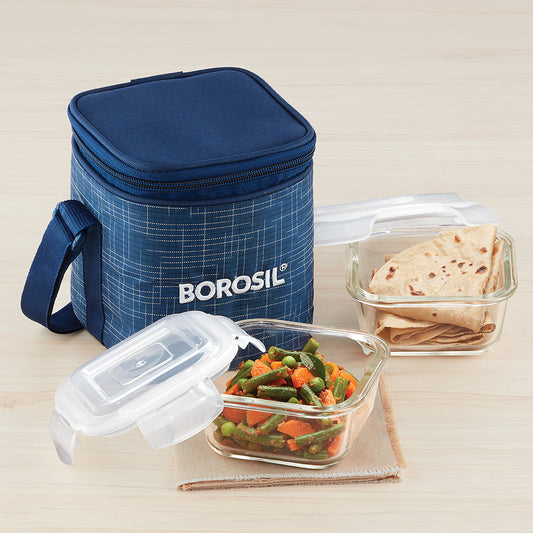 Borosil Indigo Glass Lunchbox, Square x 2 (Tall Bag)