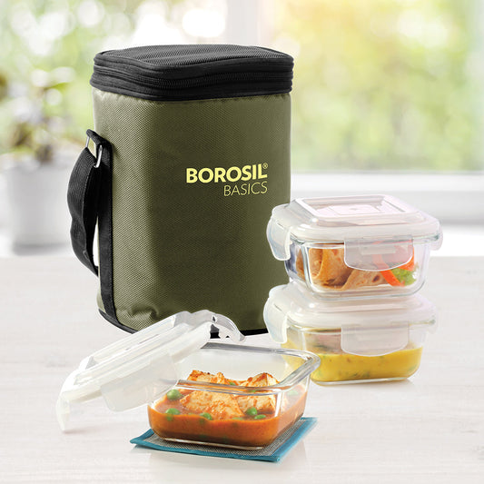 Borosil Basics Glass Lunchbox, Square x 3