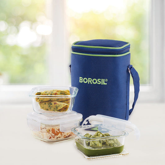 Borosil Blue Glass Lunchbox, Square x 3