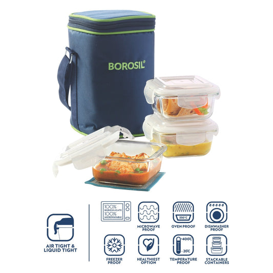 Borosil Blue Glass Lunchbox, Square x 3