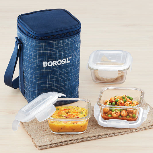 Borosil Indigo Glass Lunch Box, Square x 3