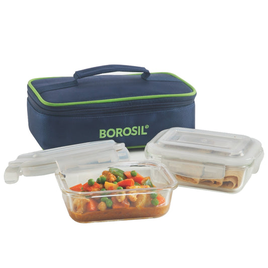 Borosil Blue Glass Lunchbox, Rectangular x 3