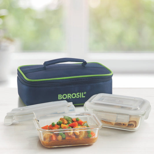 Borosil Blue Glass Lunchbox, Rectangular x 3