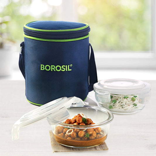 Borosil Blue Glass Lunchbox, Round x 2 (Tall)