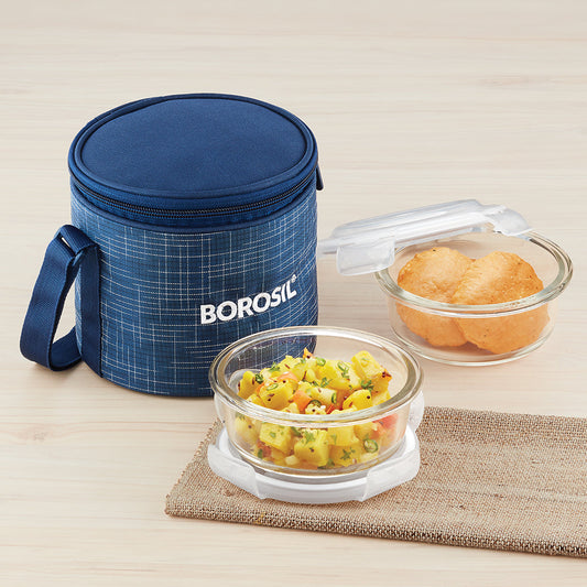Borosil Indigo Glass Lunchbox, Round x 2 (Tall Bag)