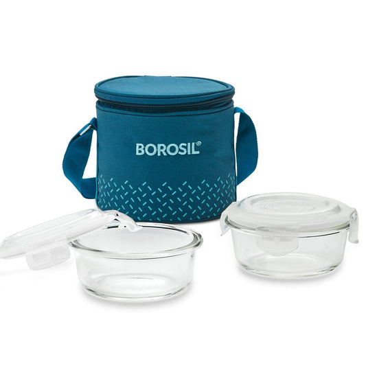 Borosil Teal Glass Lunchbox, Round x 2 (Tall Bag)