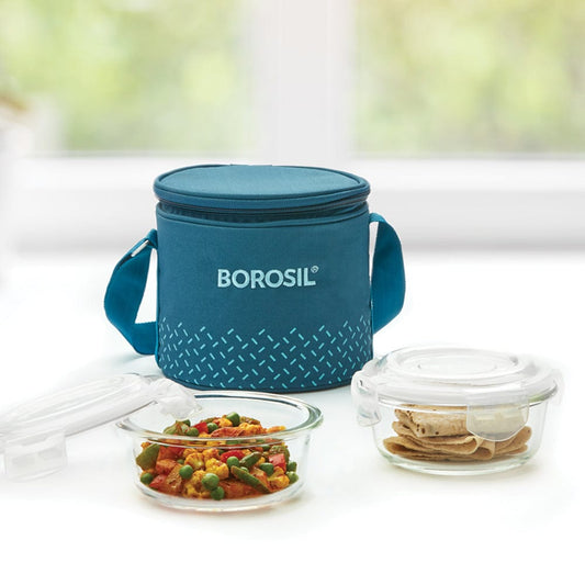 Borosil Teal Glass Lunchbox, Round x 2 (Tall Bag)