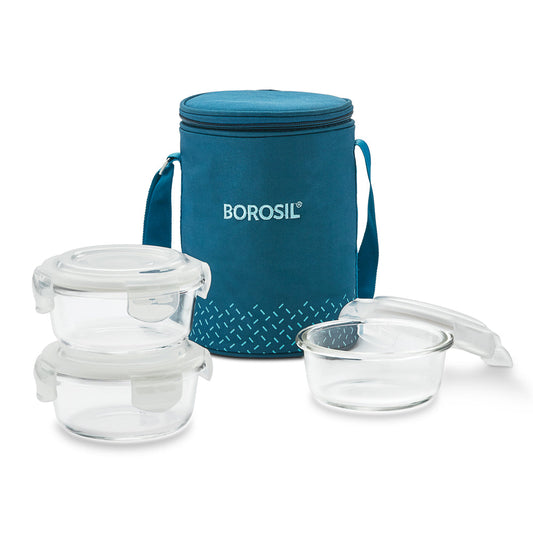 Borosil Teal Glass Lunchbox, Round x 3