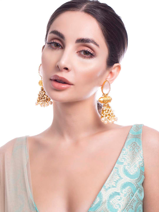 Rubans 22K Gold Plated Drop Earrings With Studded White Stone And Pearls