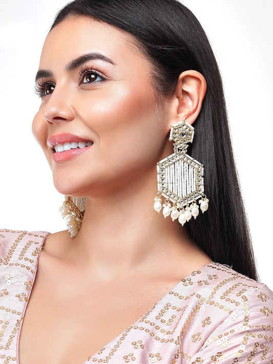 Rubans 22K Gold Plated Kundan Drop Earrings With Pearls And Beads