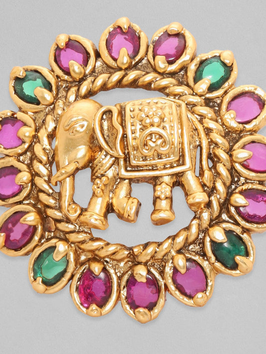 Rubans 22K Gold Plated Red & Green Zircons Studded Elephant Motif Temple Ring