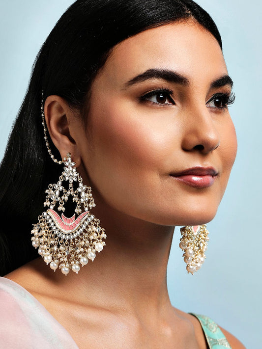 Rubans Gold Plated Kundan Earrings With Pink Enamel And Pearls