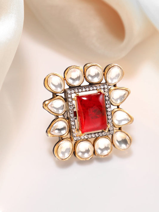 Rubans Gold Plated Zirconia & Ruby Red Doublet Kundan Ring