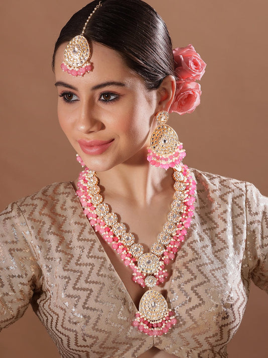 Rubans Gold Toned Kundan Stone With Pink Beaded Jewellery Set