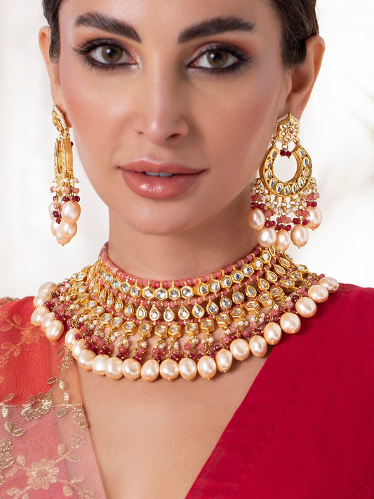 Rubans Luxury 24K Gold Plated Handcrafted Pachi Kundan and Ruby Pink Beads Necklace Set