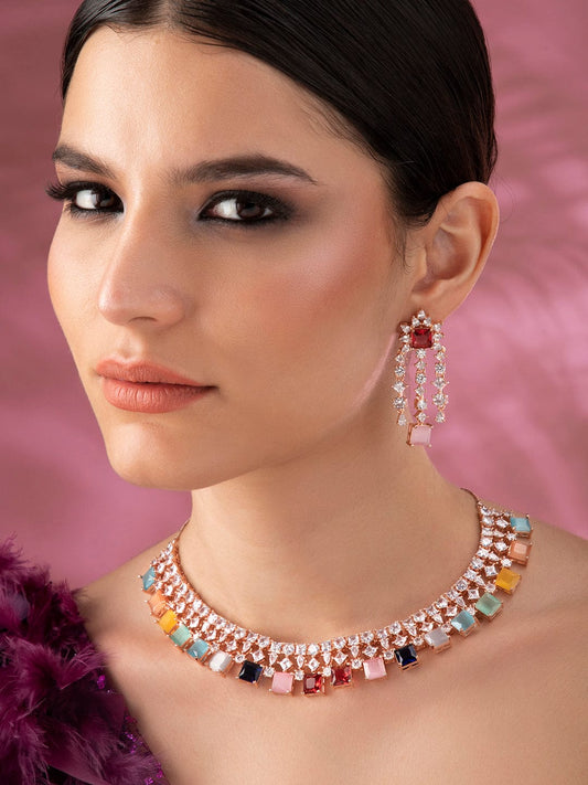 Rubans Multicoloured Stone Studded American Diamond Necklace Set.