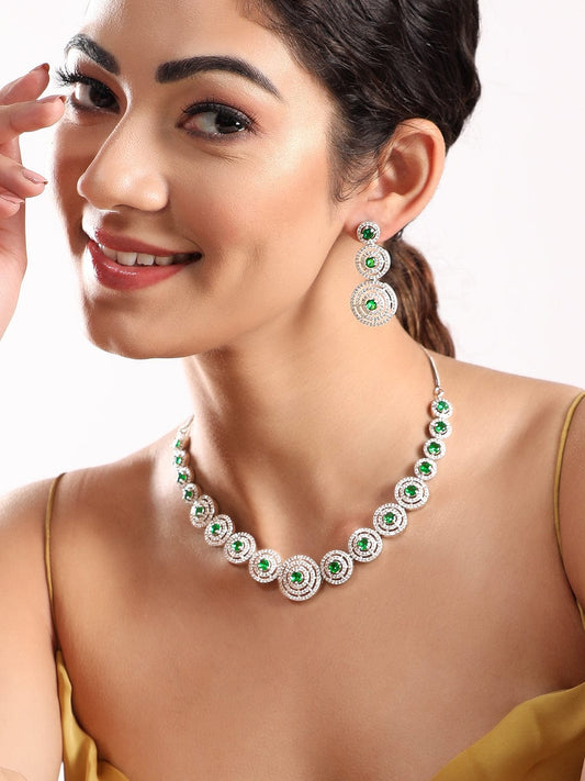 Rubans Rhodium Plated Emerald Green Zircons Studded Jewellery Set