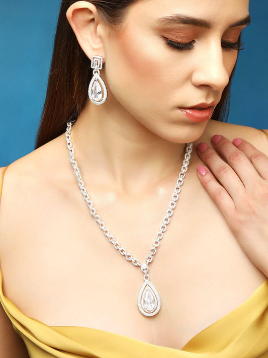 Rubans Silver-Plated AD Studded Necklace Jewellery Set