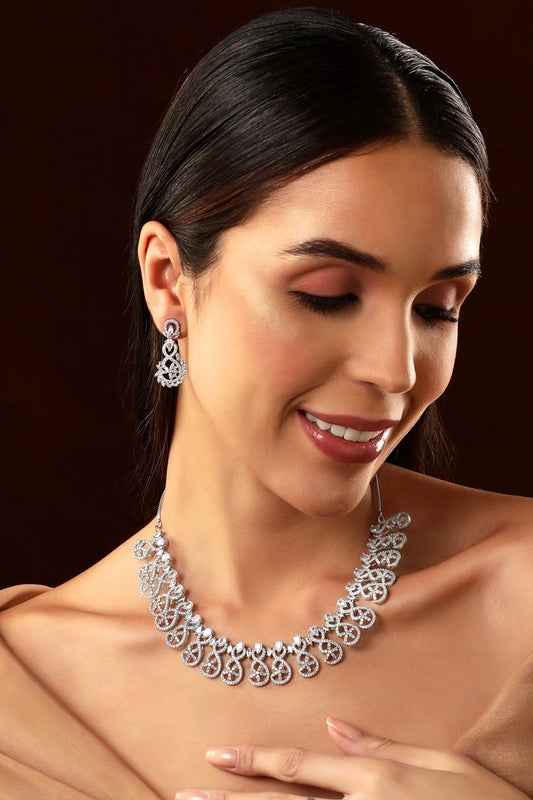 Rubans Silver Plated American Diamond Necklace Set.