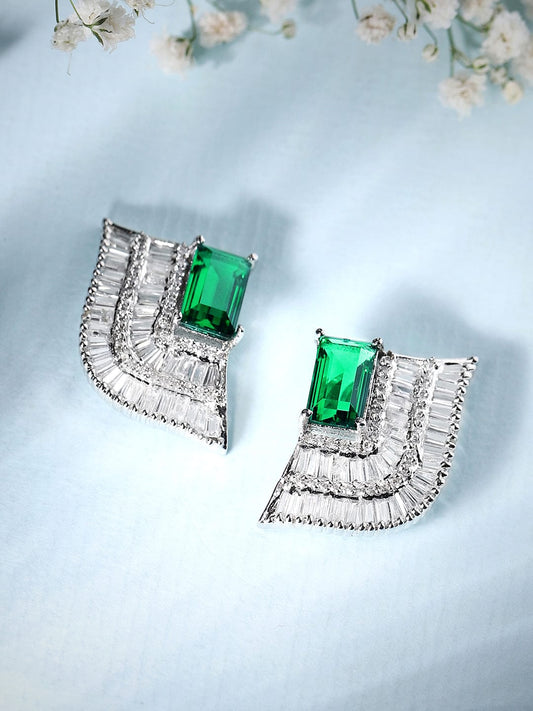 Rubans Silver Plated Stud Earrings With White And Green American Diamonds.